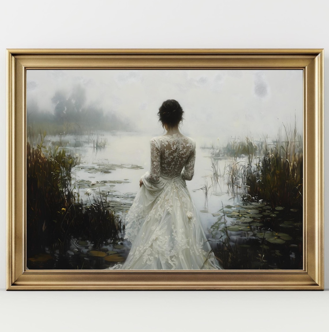 Woman White Lace Gown Back View Standing Misty Lake Reeds Romantic Wall Art