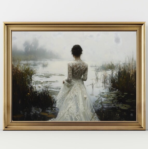 Woman White Lace Gown Back View Standing Misty Lake Reeds Romantic Wall Art