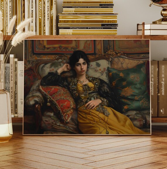 Golden Victorian Dress Woman Wine Glass Chaise Lounge Oil Painting Print