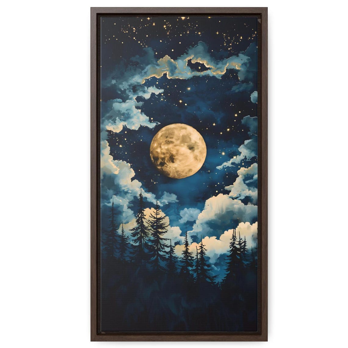 Tall Full Moon Night Forest Blue Gold Starry Sky Abstract Poster