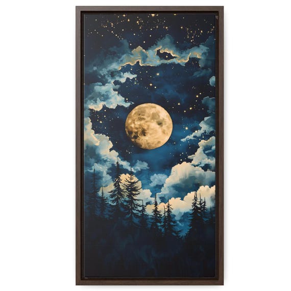 Starry Night Gallery Wraps Horizontal Frame Celestial Wall Art Moody Dark Abstract Night Sky Stars Decor Blue Gold Moody Bedroom