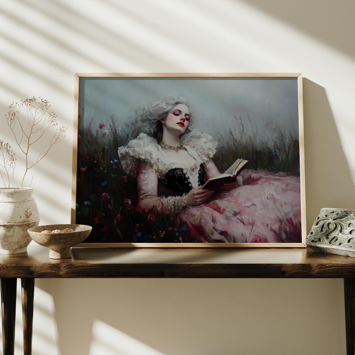 Silver Haired Woman Reading Book Pink Victorian Gown Wildflower Meadow Art Print - Image 3