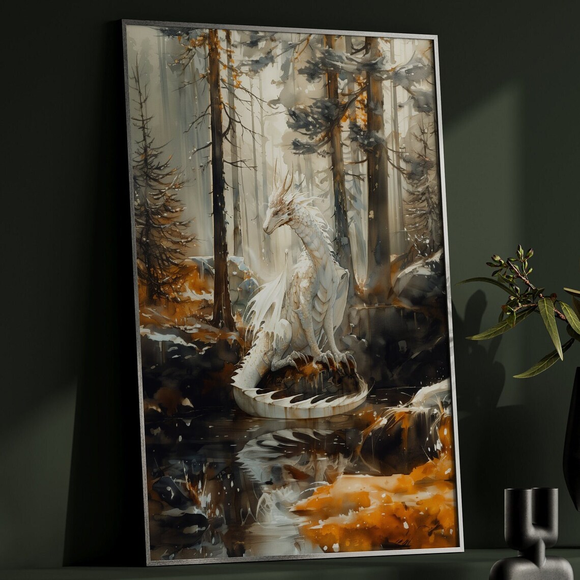 Forest White Dragon Watercolor Art Print, Dark Academia
