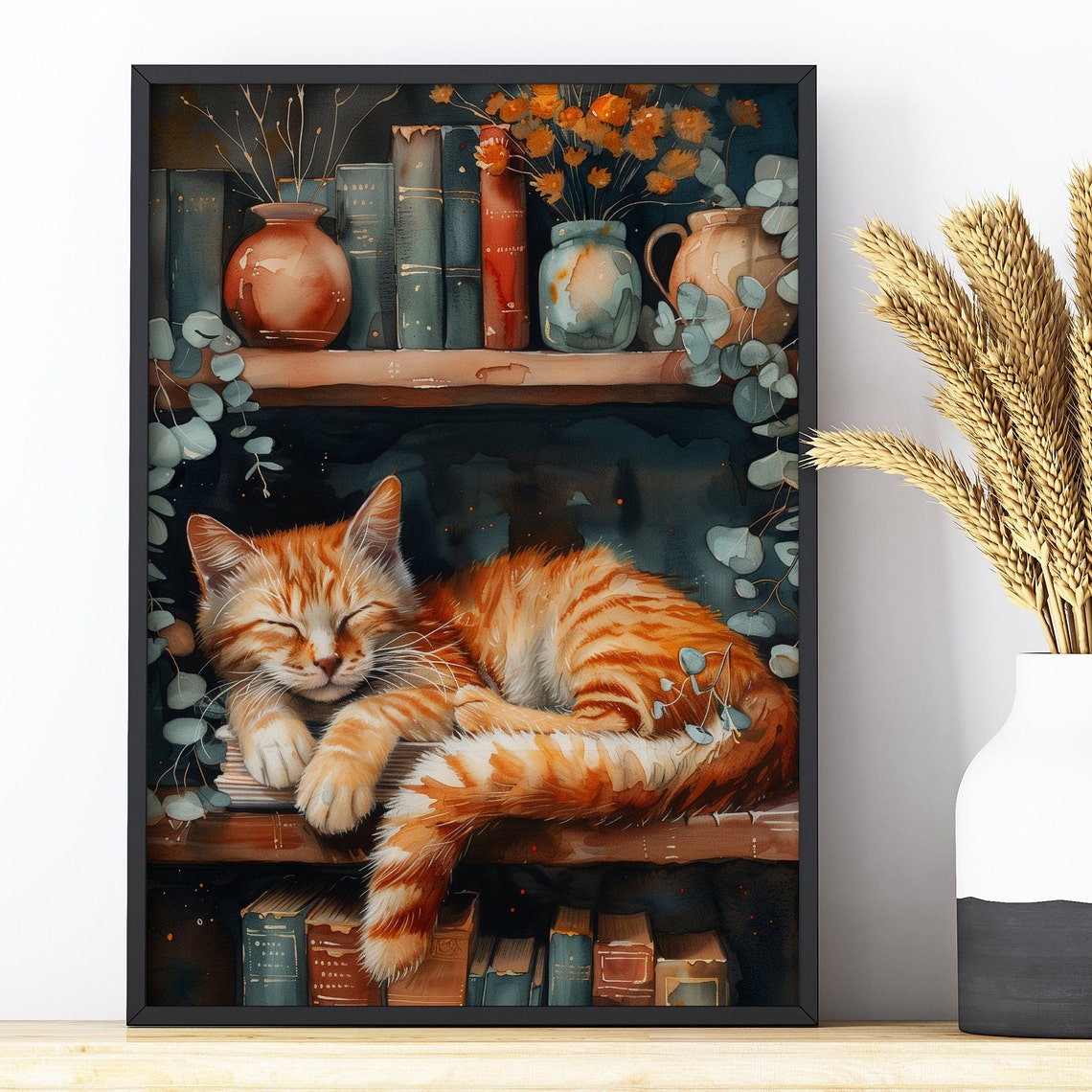 Orange Tabby Cat Sleeping on Bookshelf Cozy Library Cat Poster - Image 3