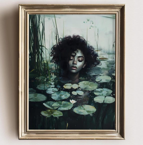 Black Ophelia Dark Academia Print The Lake Goth Moody Victorian Wall Art Dark Decor Aesthetic Black Girls Art Gothic Prints