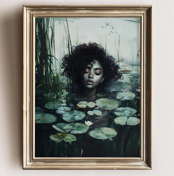 Woman Half Submerged in Misty Water Lily Pond Among Tall Reeds Print