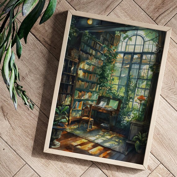 Sunlit Greenhouse Library Bookshelves Arched Windows Bookish Art Print