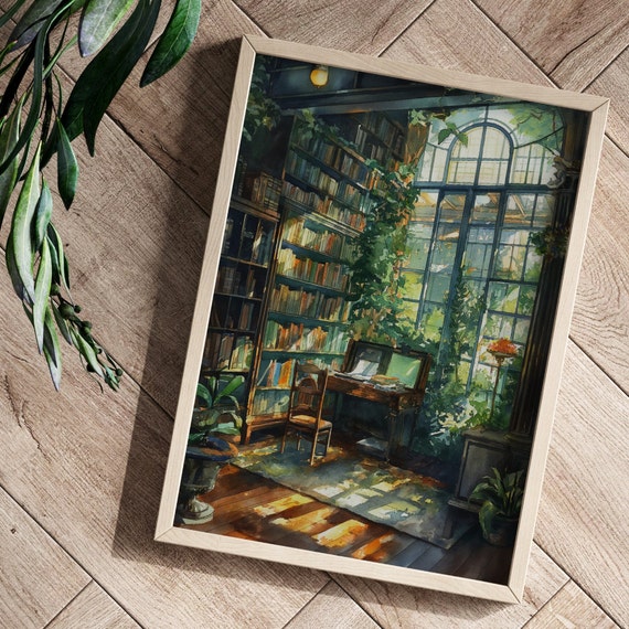Vintage Library Bookish Print Dark Academia Greenhouse Library Reading Book Lovers Gift Antique Wall Art Book Lovers Art Library Art