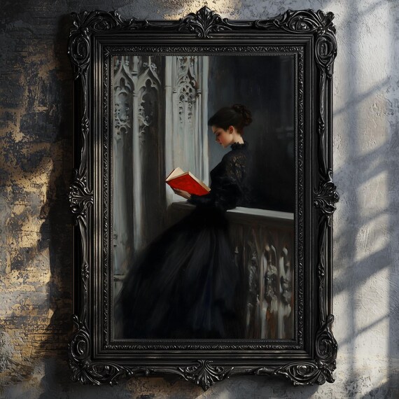 Victorian Woman Black Gown Reading Red Book Gothic Window Dark Print