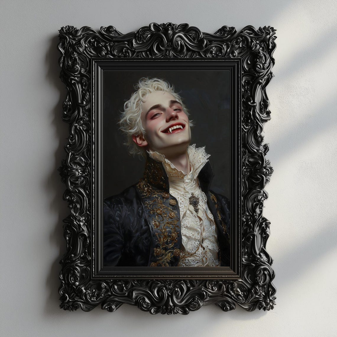 Blond Vampire Smiling Fangs Baroque Coat Lace Cravat Gothic Art Print - Image 3