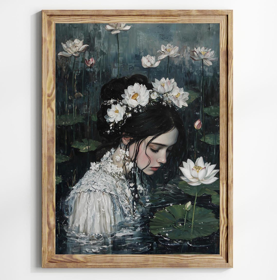 Ophelia Sinking Among White Water Lilies Dark Pond Gothic Art Poster - Image 2