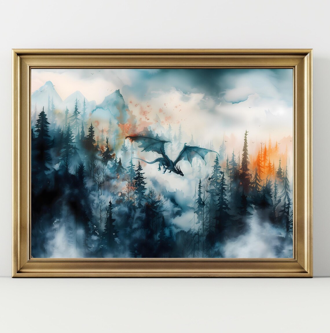 Dragon Flying Over Misty Pine Forest Watercolor Fantasy Mountain Poster - Image 2