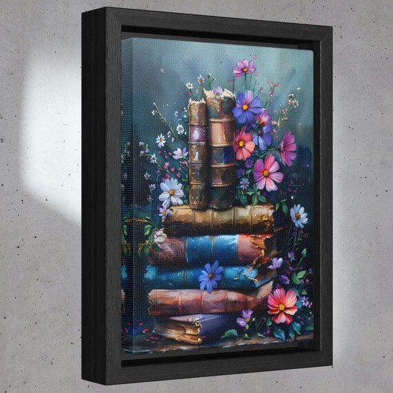Vintage Book Stack With Watercolor Wildflowers Cozy Library Wall Art