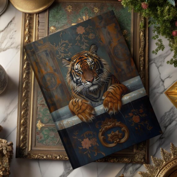 Mystic Tiger Face Vintage Journal Cover Ornate Dark Blue Gold Art Print