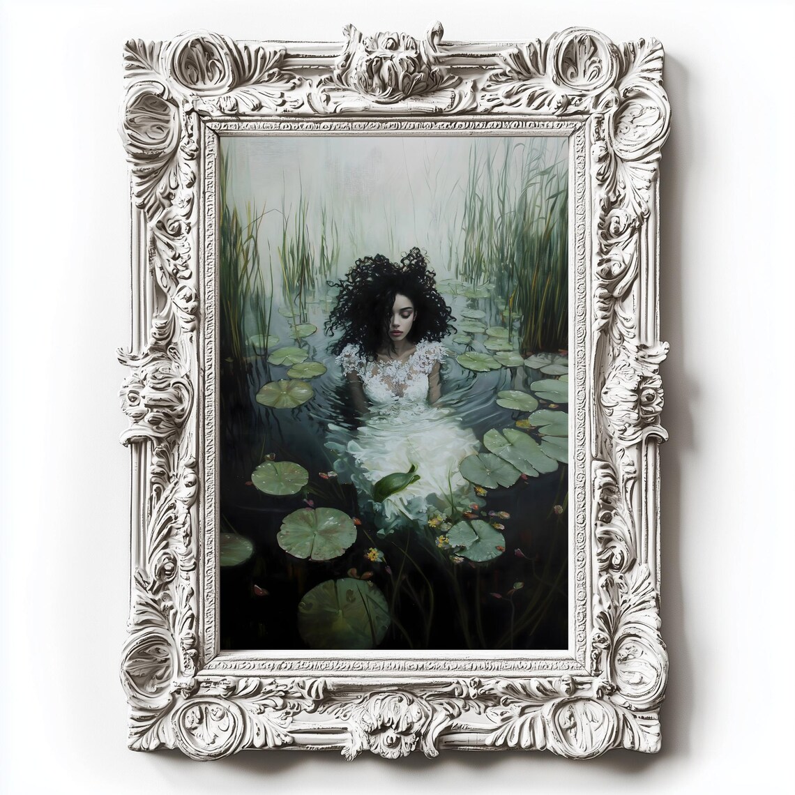 Black Ophelia Lily Pond Submerged Woman Dark Watercolor Art Print - Image 3