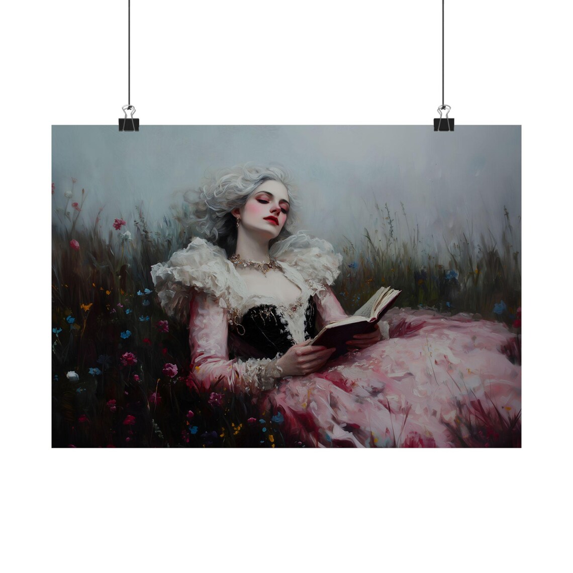 Silver Haired Woman Reading Book Pink Victorian Gown Wildflower Meadow Art Print - Image 2