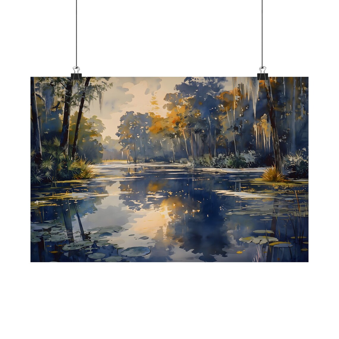 Sunset Cypress Swamp Lake Golden Reflection Watercolor Wetlands Art Print - Image 3