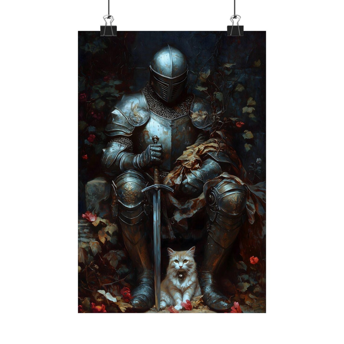 Medieval Knight In Armor With White Cat Roses Knightcore Fantasy Art Poster - Image 3