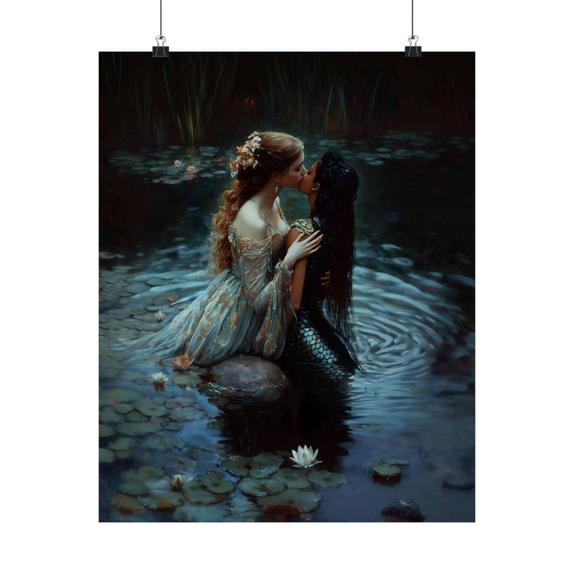 Women Kissing Lily Pond Romantic Dark Gothic Mermaid Fantasy Wall Art Poster - Image 2