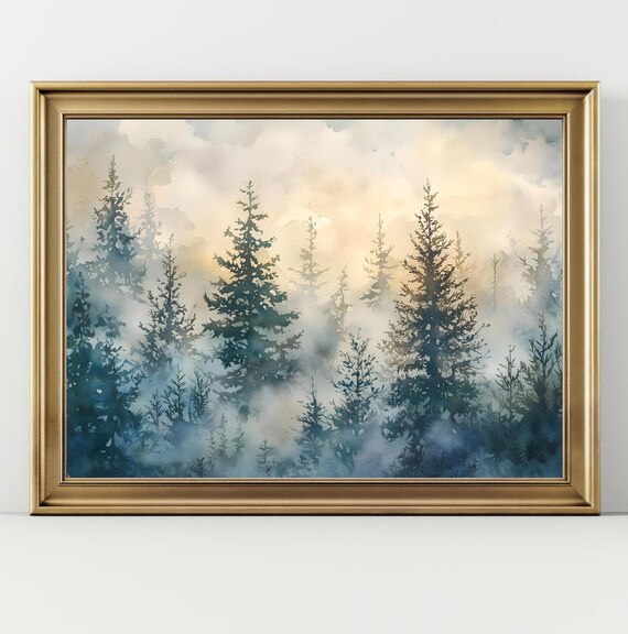 Pine Tree Forest Print Moody Foggy Landscape Vintage Pine Tree Forest Winter Landscape Print Misty Forest Fall Rustic Cabin Wall Decor