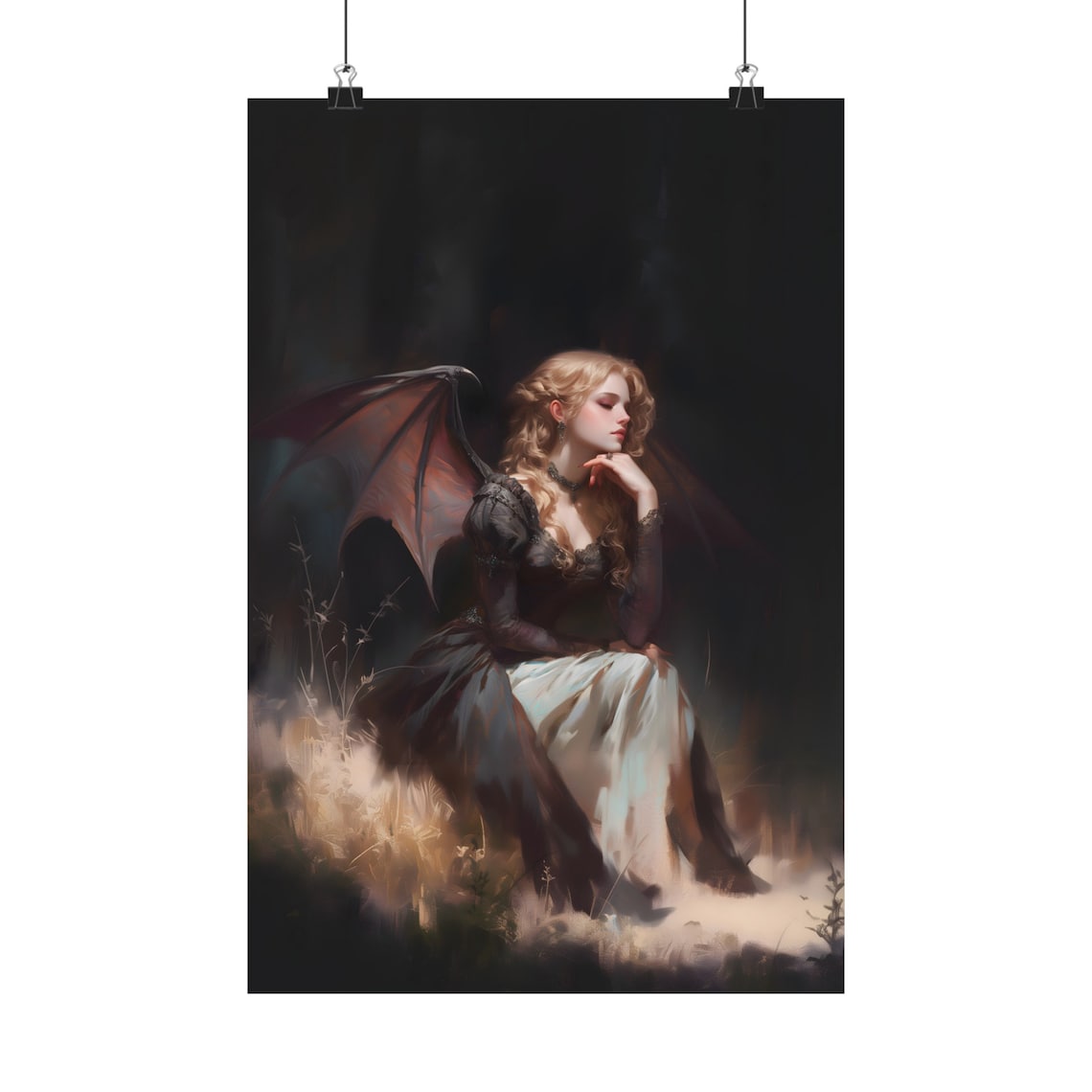 Blond Succubus Bat Wings Black Dress Moonlit Gothic Oil Painting Print - Image 2
