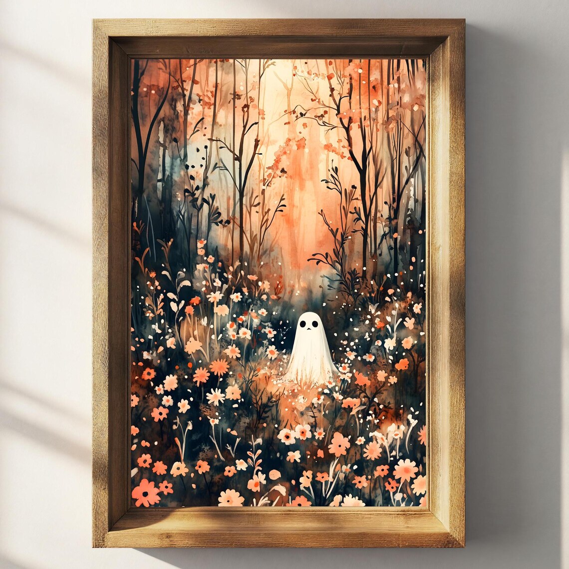 Cute White Ghost in Autumn Wildflower Forest Halloween Art Poster - Image 3