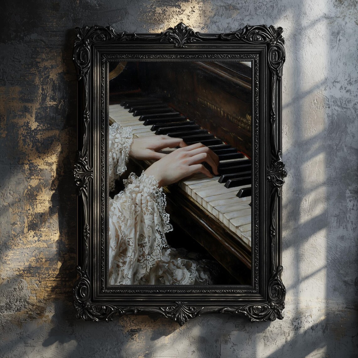 Woman Playing Piano Lace Sleeves Moody Classical Oil Painting Music Room Art Print - Image 3