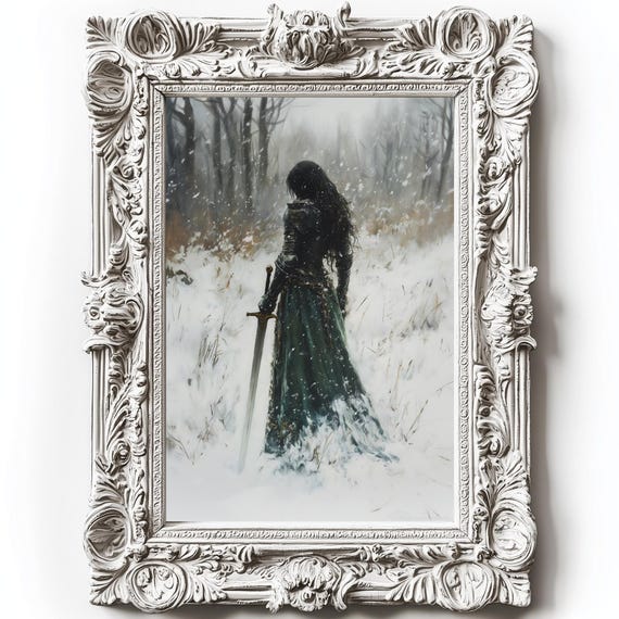Female Knight Victorian Decor Dark Academia Print The Snow Goth Moody Victorian Wall Art Dark Decor Aesthetic Woman With Sword Print