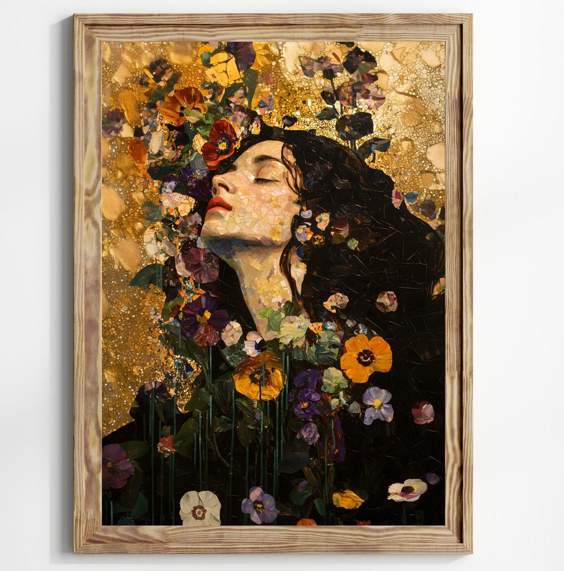 Golden Mosaic Floral Portrait Sleeping Woman Flowers Vintage Art Print - Image 2
