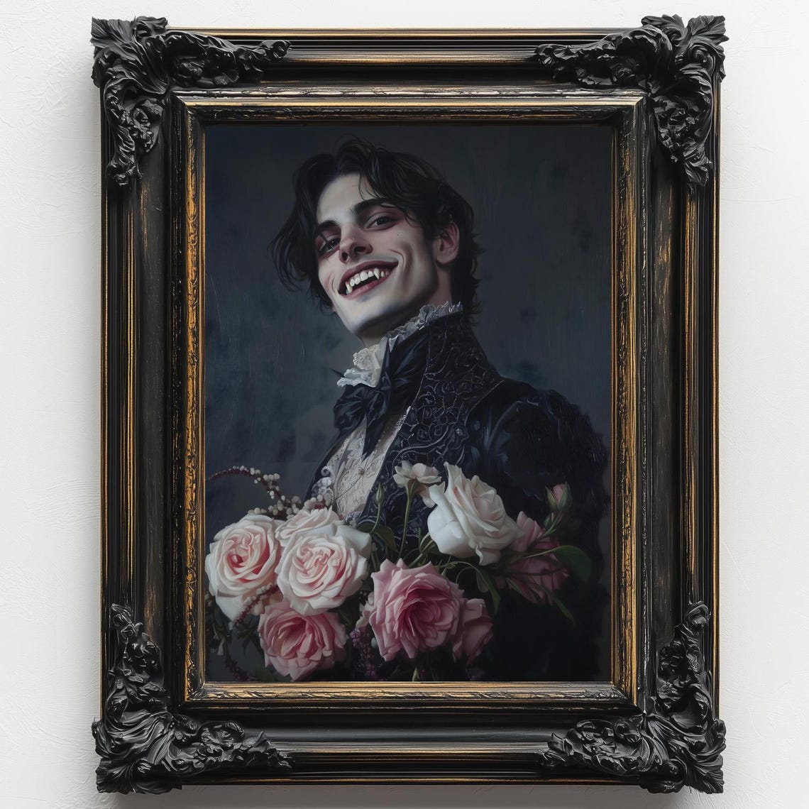 Grinning Vampire Man Fangs Roses Victorian Coat Dark Gothic Art Print
