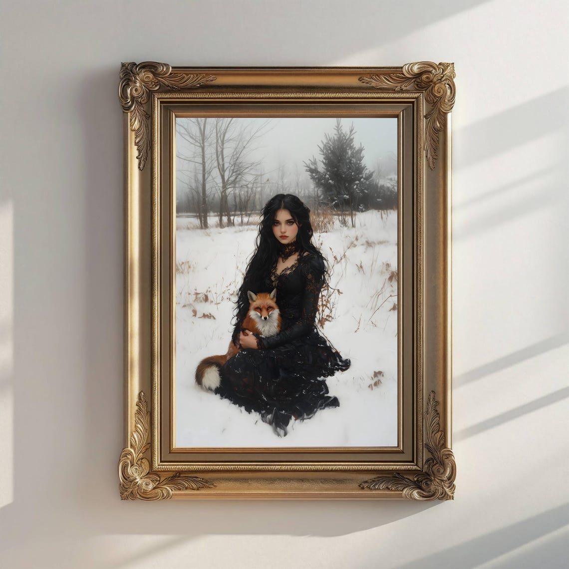 Victorian Woman Red Fox Snowy Field Winter Forestcore Wall Art - Image 2