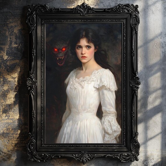 Haunted Victorian Woman In White Dress With Demon Dark Gothic Poster