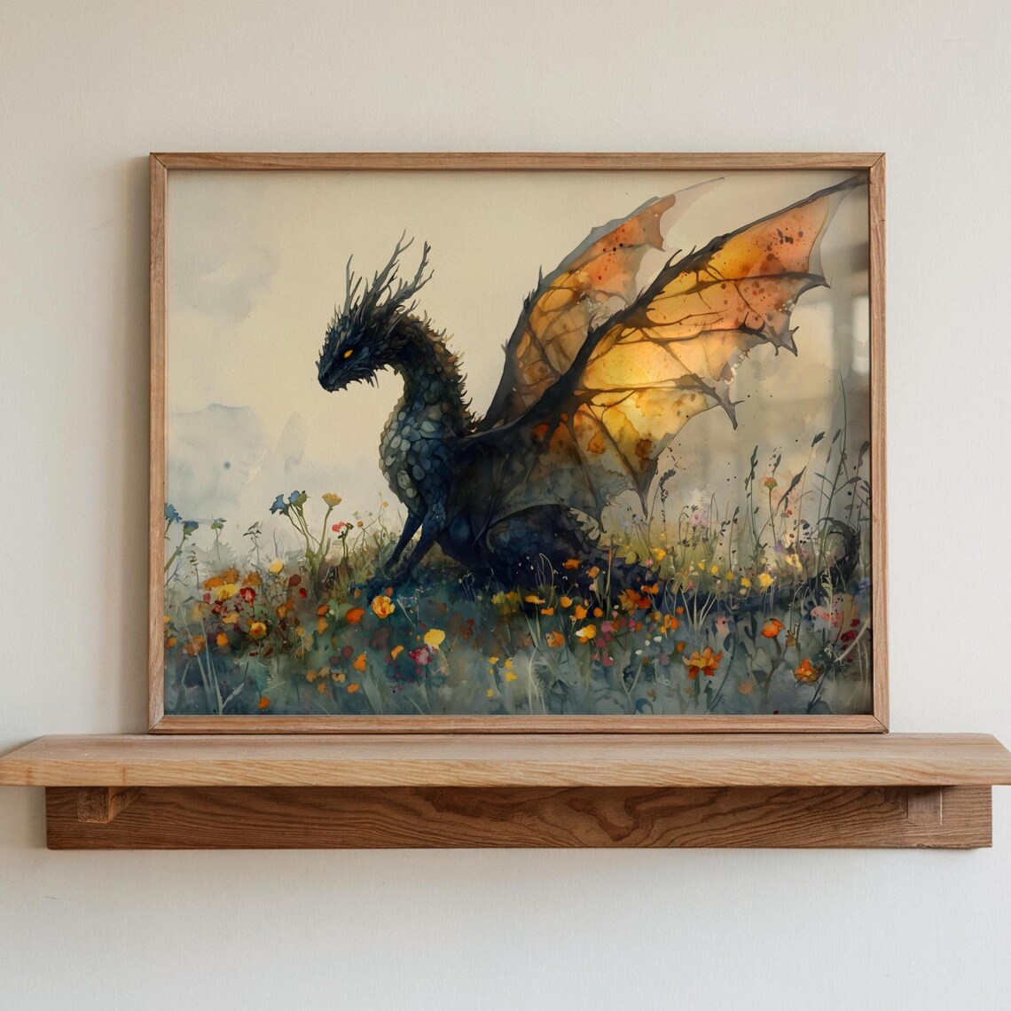 Dragon Watercolor Art Horizontal Poster Print Fantasy Art Forest And A Dragon Fantasy Painting Watercolor Illustration Dark Academia - Image 2