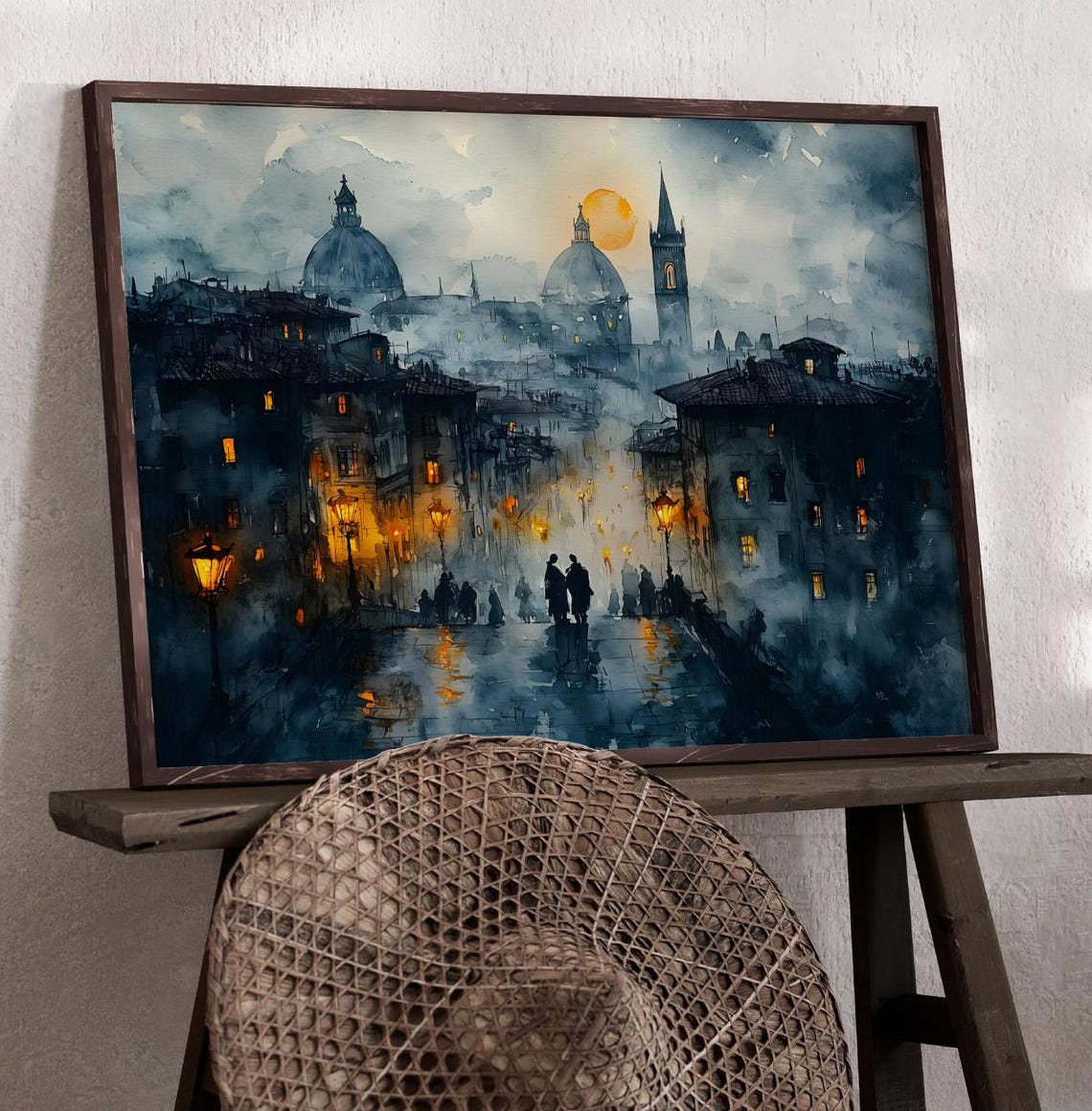 Florence Italy Moonlit Old Town Cobblestones Lanterns Travel Poster - Image 2