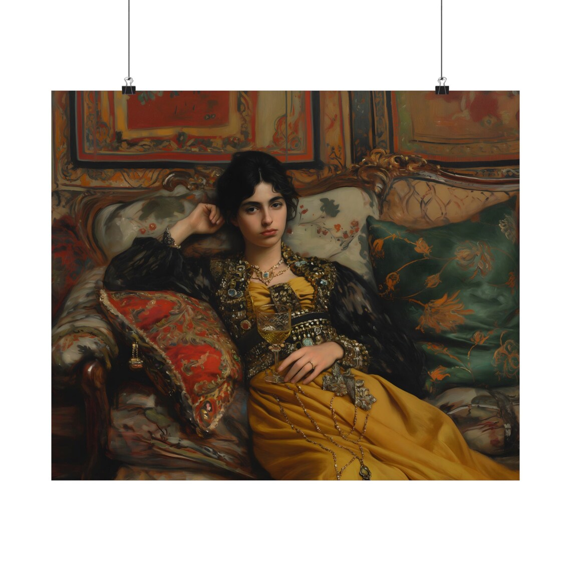 Golden Victorian Dress Woman Wine Glass Chaise Lounge Oil Painting Print - Image 4