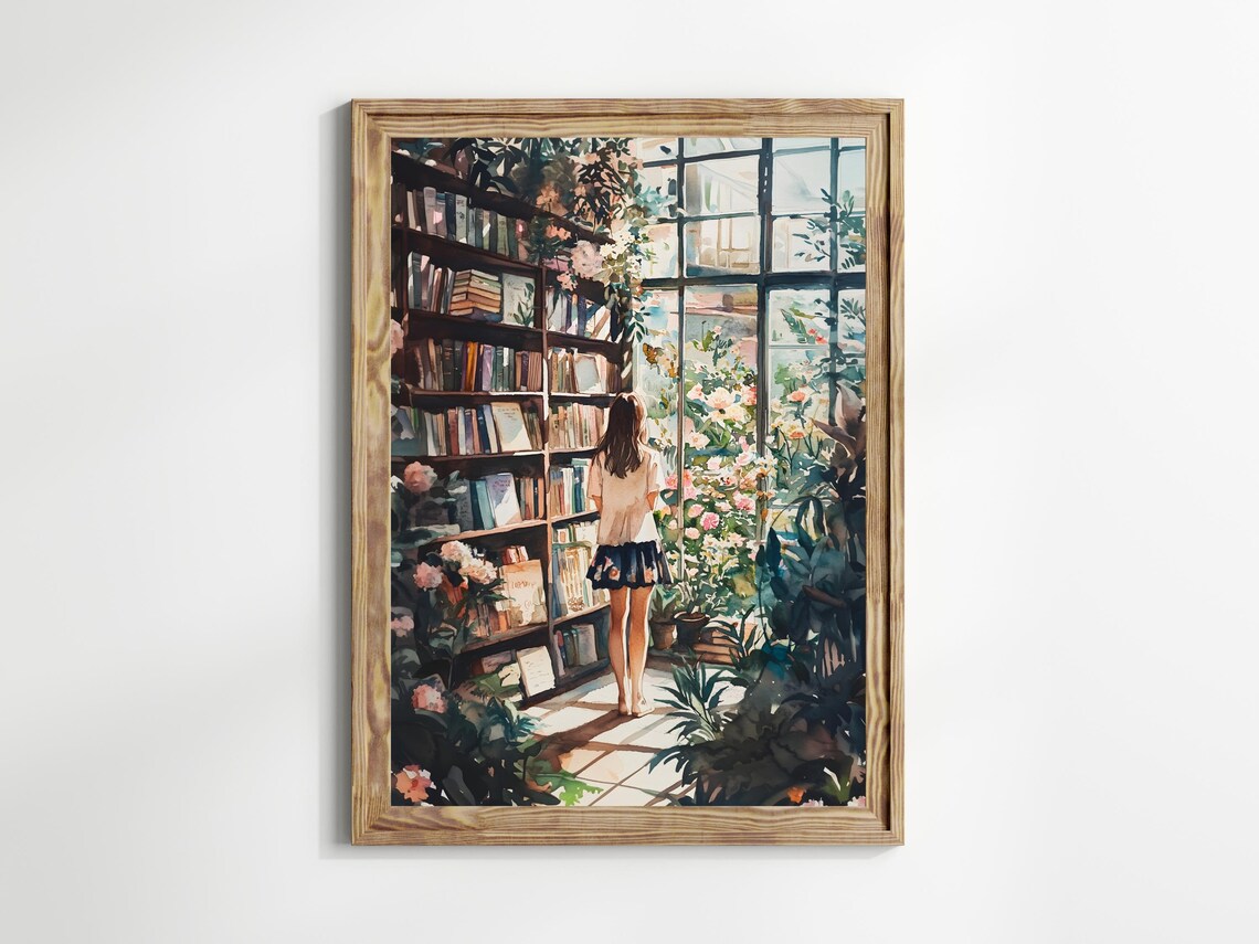 Anime Girl Library Greenhouse Window Pink Blossoms Art Poster - Image 2