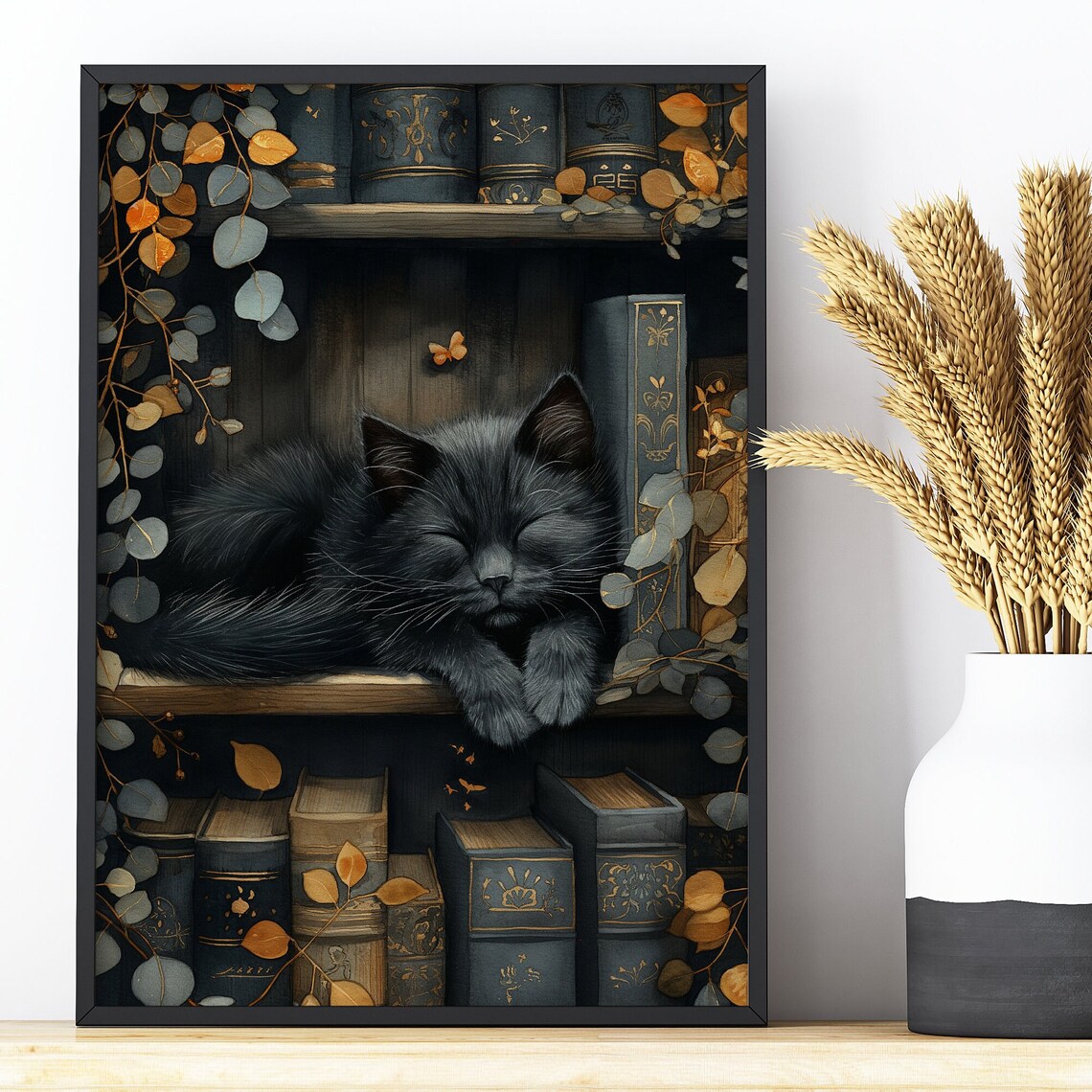 Black Cat and Stack of Books Art Print, Dark Academia - Image 3