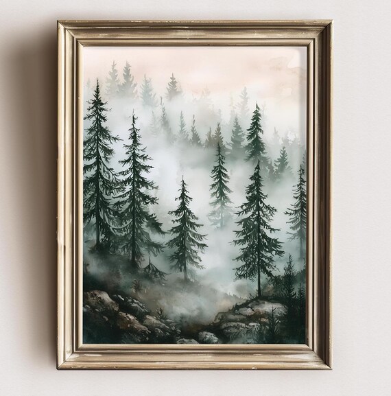 Pine Tree Forest Print Moody Foggy Landscape Vintage Pine Tree Forest Winter Landscape Print Misty Forest Fall Rustic Cabin Wall Decor