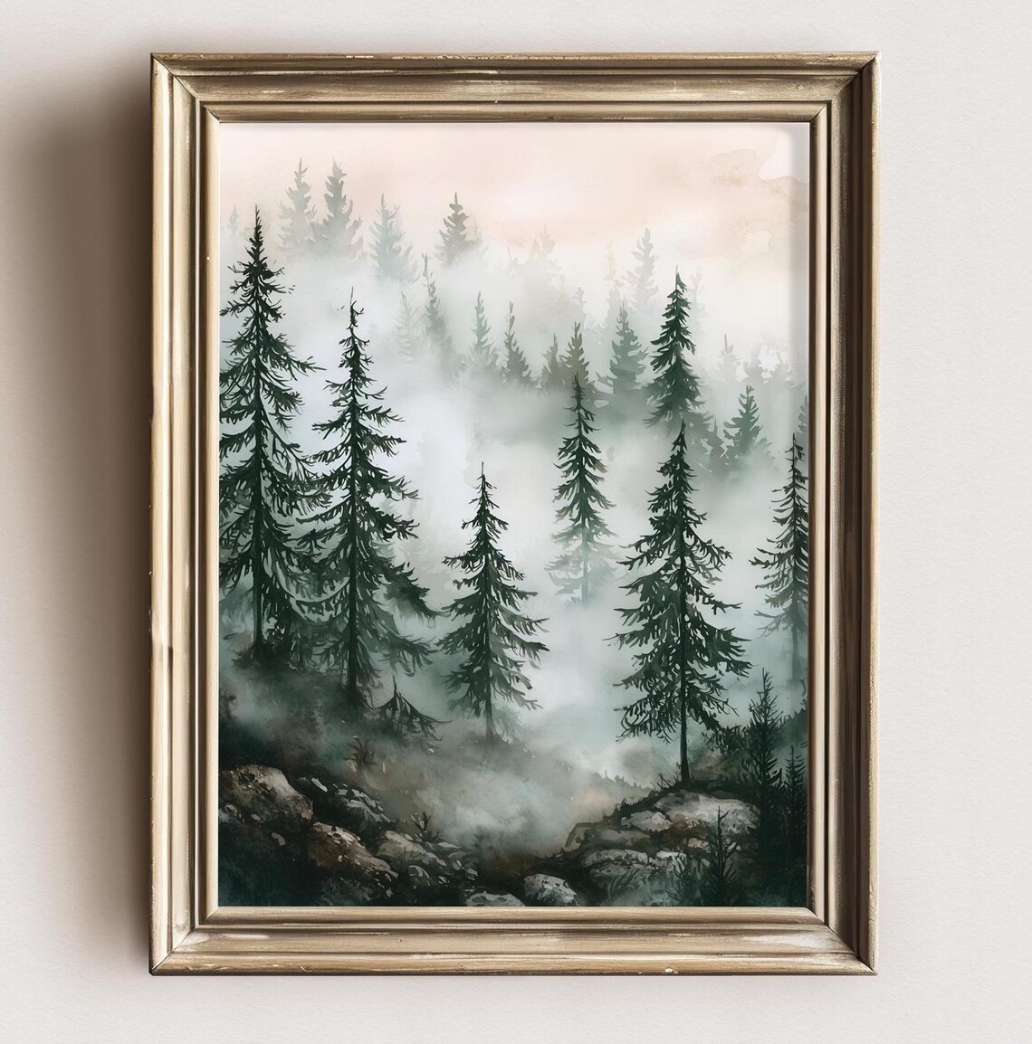 Foggy Pine Forest Rocky Hillside Misty Watercolor Landscape Poster