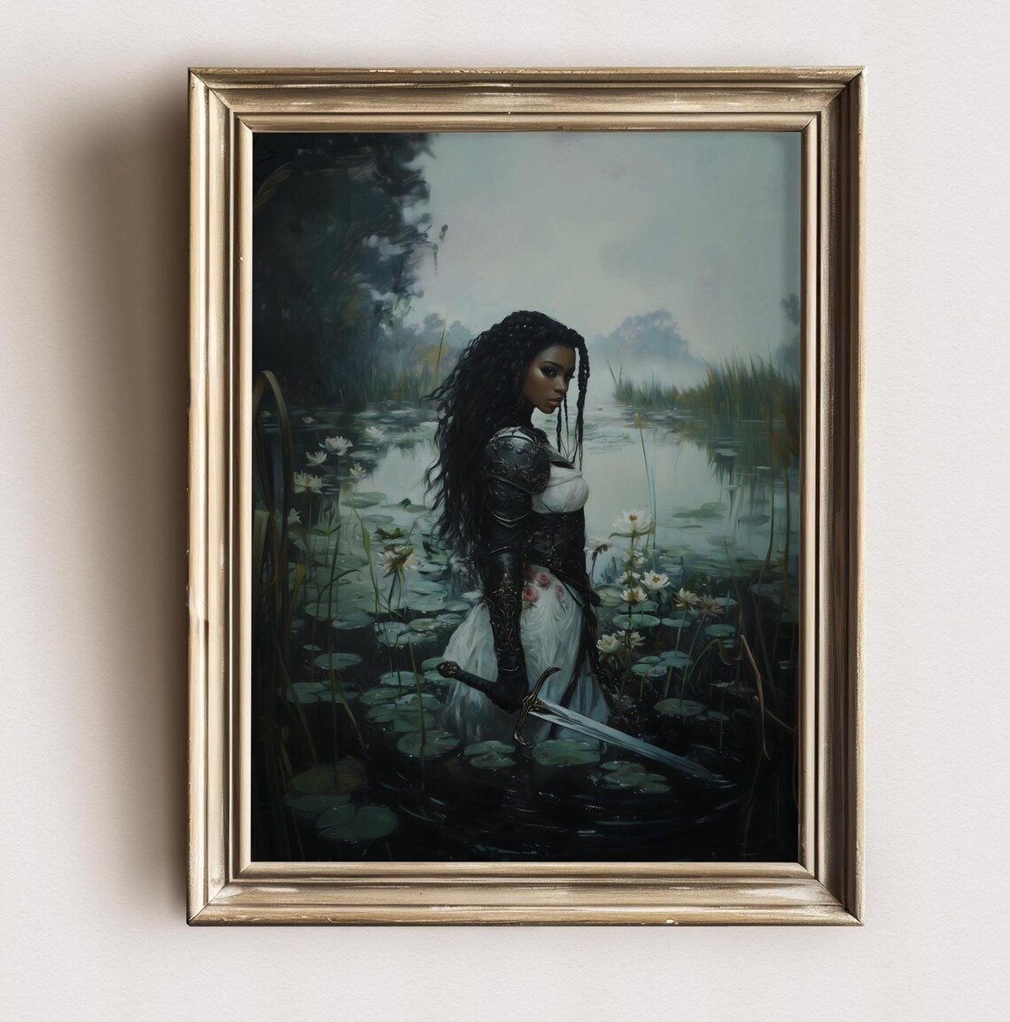 Female Knight In Armor Standing In Misty Lily Pond Sword Art Print - Image 3