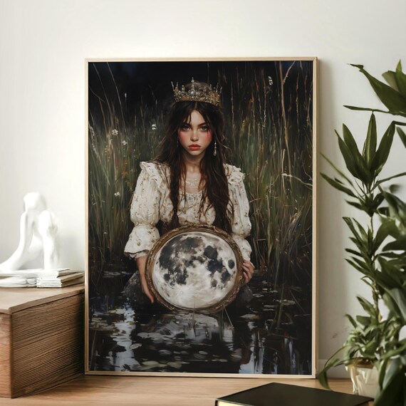 Moon In The Mirror Victorian Woman Holding Moon Dark Celestial Art Print