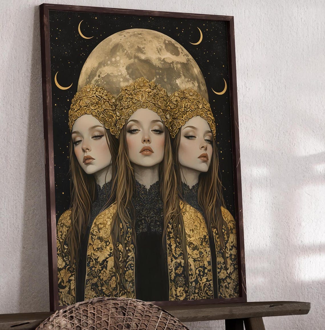 Selene Moon Goddess Triple Face Golden Crown Night Sky Art Poster