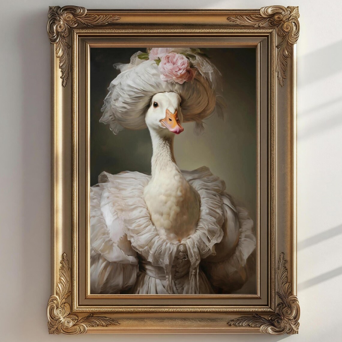 Victorian Goose Portrait Feathered Bonnet Roses Humorous Animal Art Print