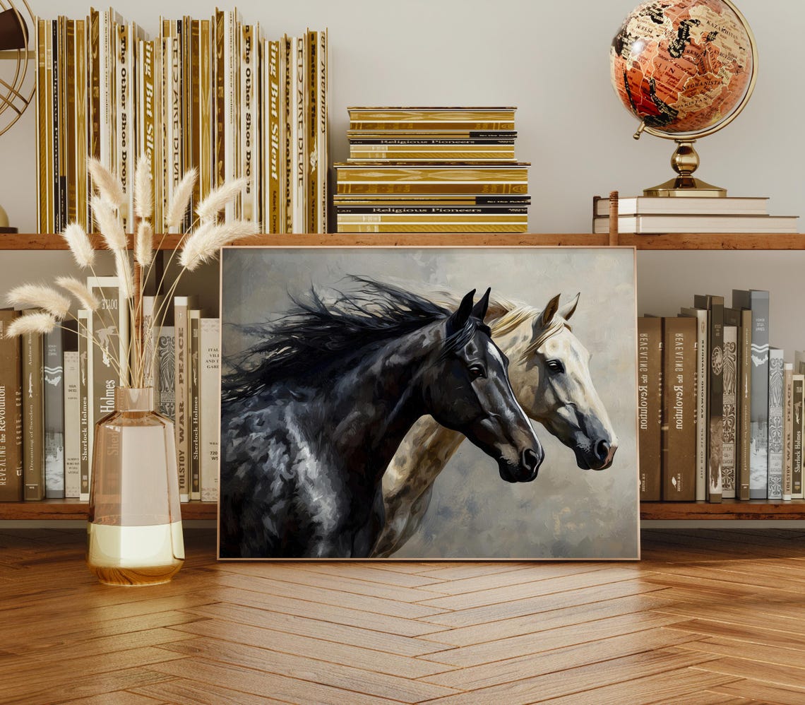 Black And White Horses Running Windswept Mane Equestrian Art Print - Image 2