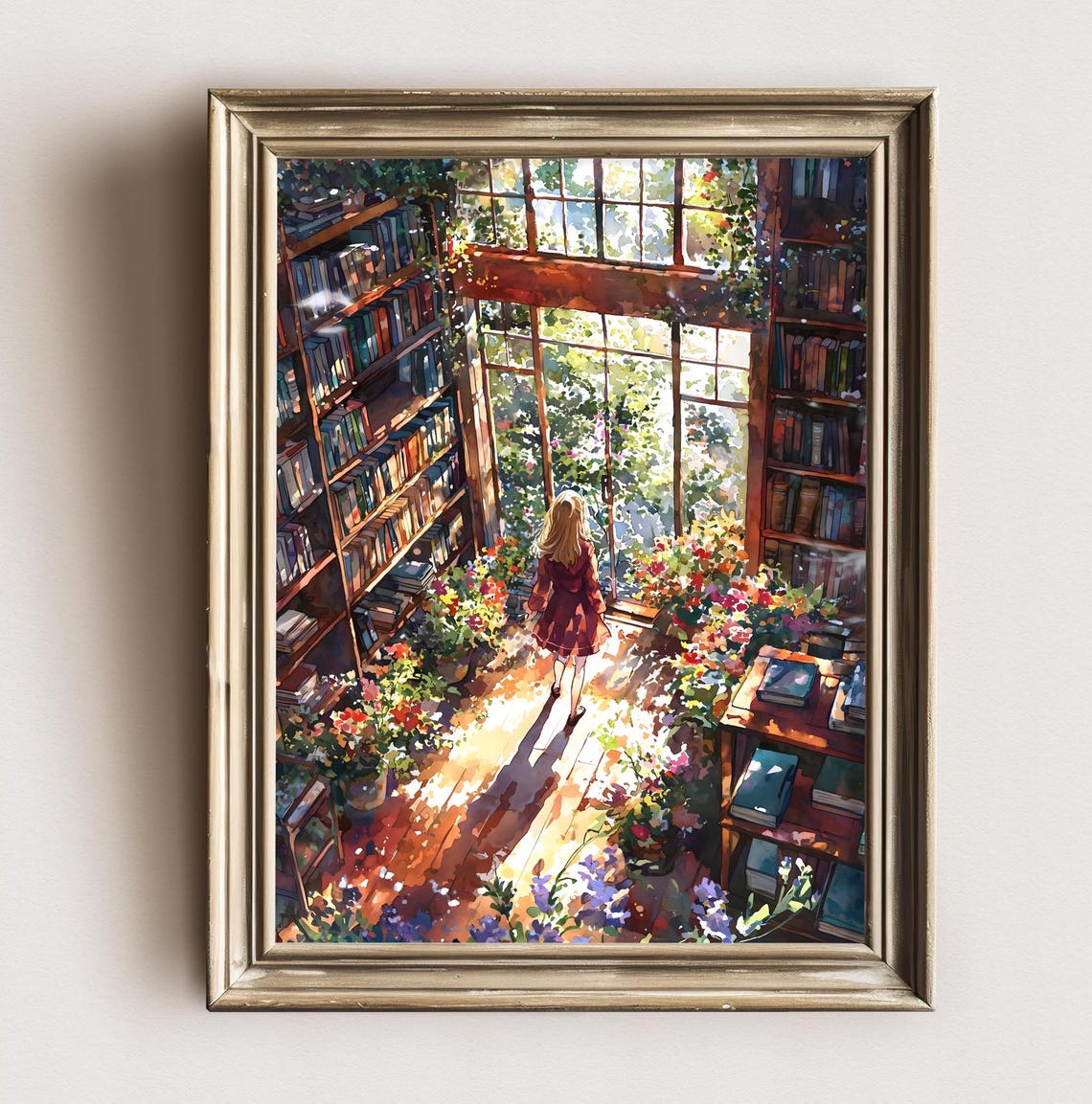 Blonde Girl Red Dress Sun Drenched Flower Library Dappled Light Poster - Image 3