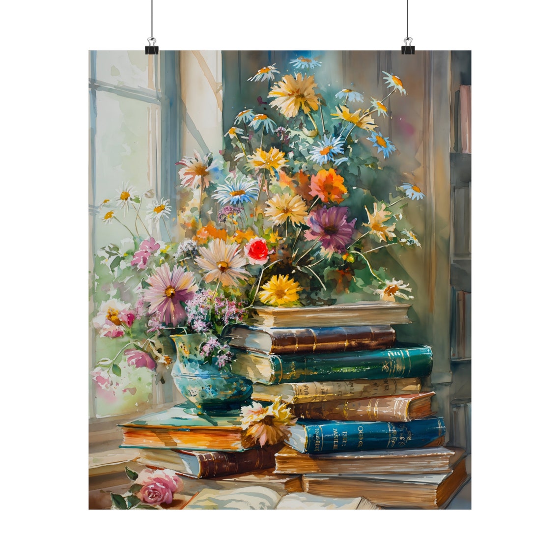 Stack Of Books Wildflowers Vase Window Light Watercolor Bookish Print - Image 3