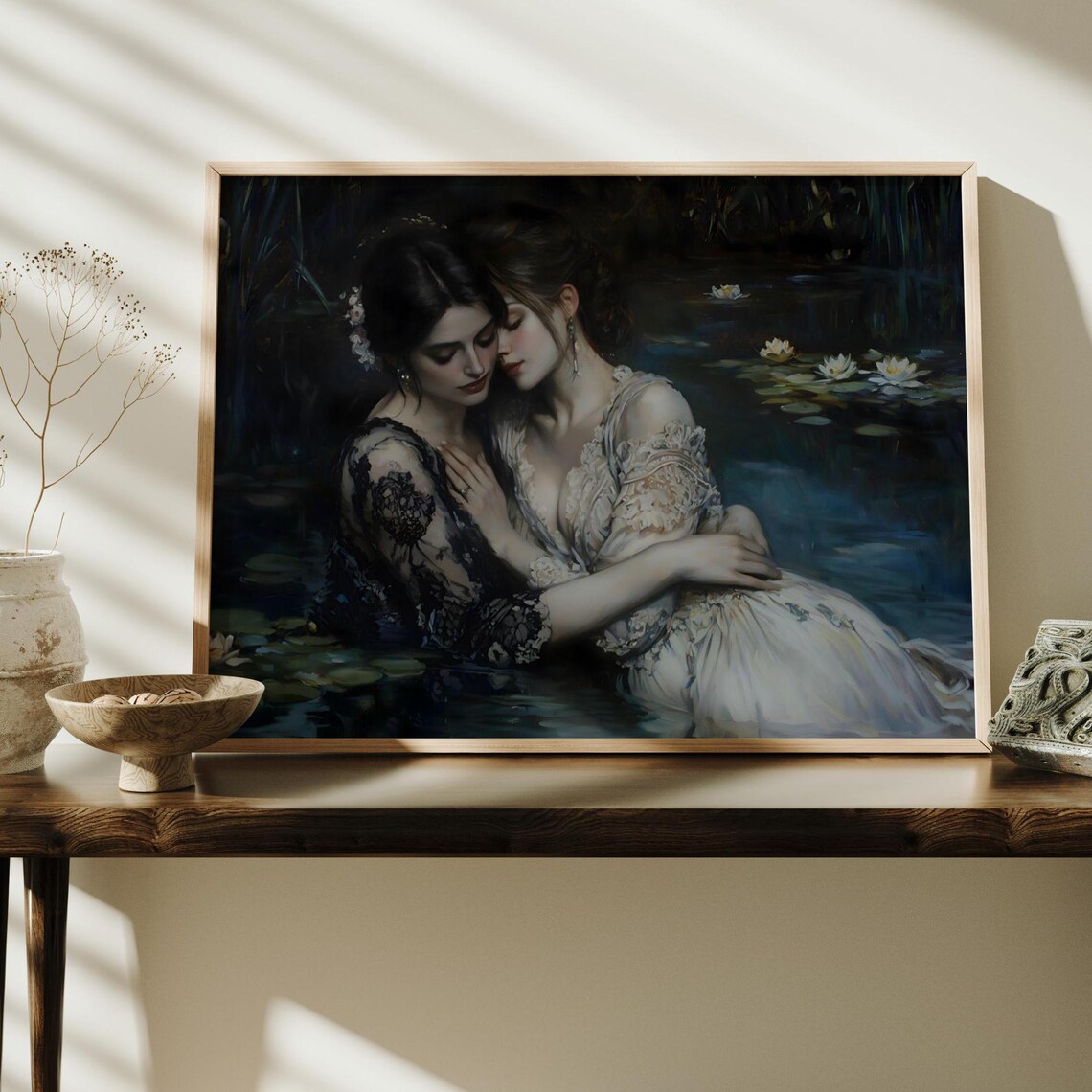 Moonlit Lovers Lily Pond Embrace Black White Gowns Oil Painting Print