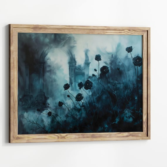 Black Roses Ruined Gothic Arches Fog Blue Watercolor Dark Art Print