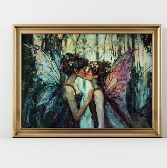 Fairy Lovers Whimsical Fae Print The Forest Goth Moody Victorian Lesbian Sappho Wall Art Dark Decor Aesthetic Dark Cottagecore Gothic