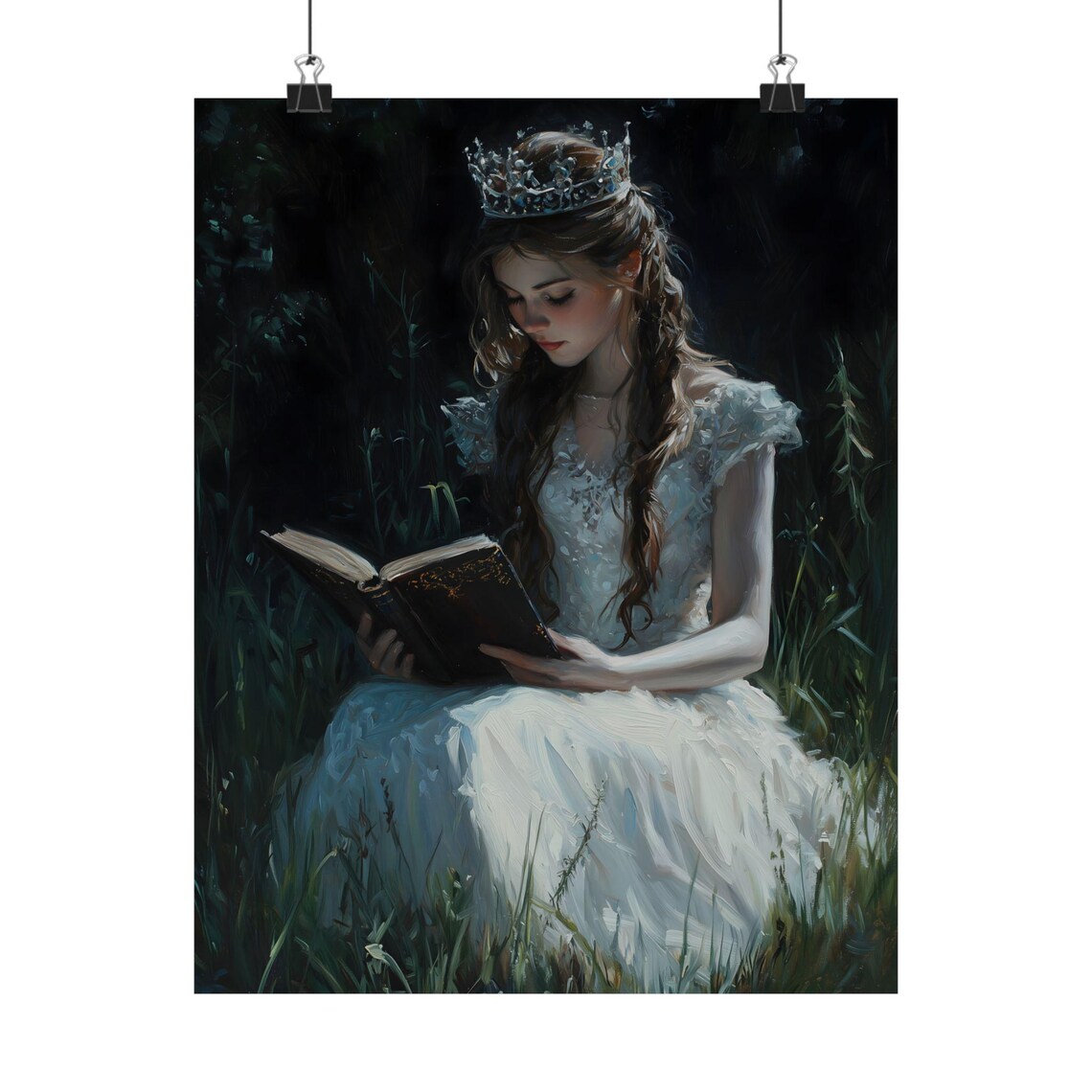 Crowned Girl Reading Book Dark Night Meadow Bookish Oil Painting Print - Image 2